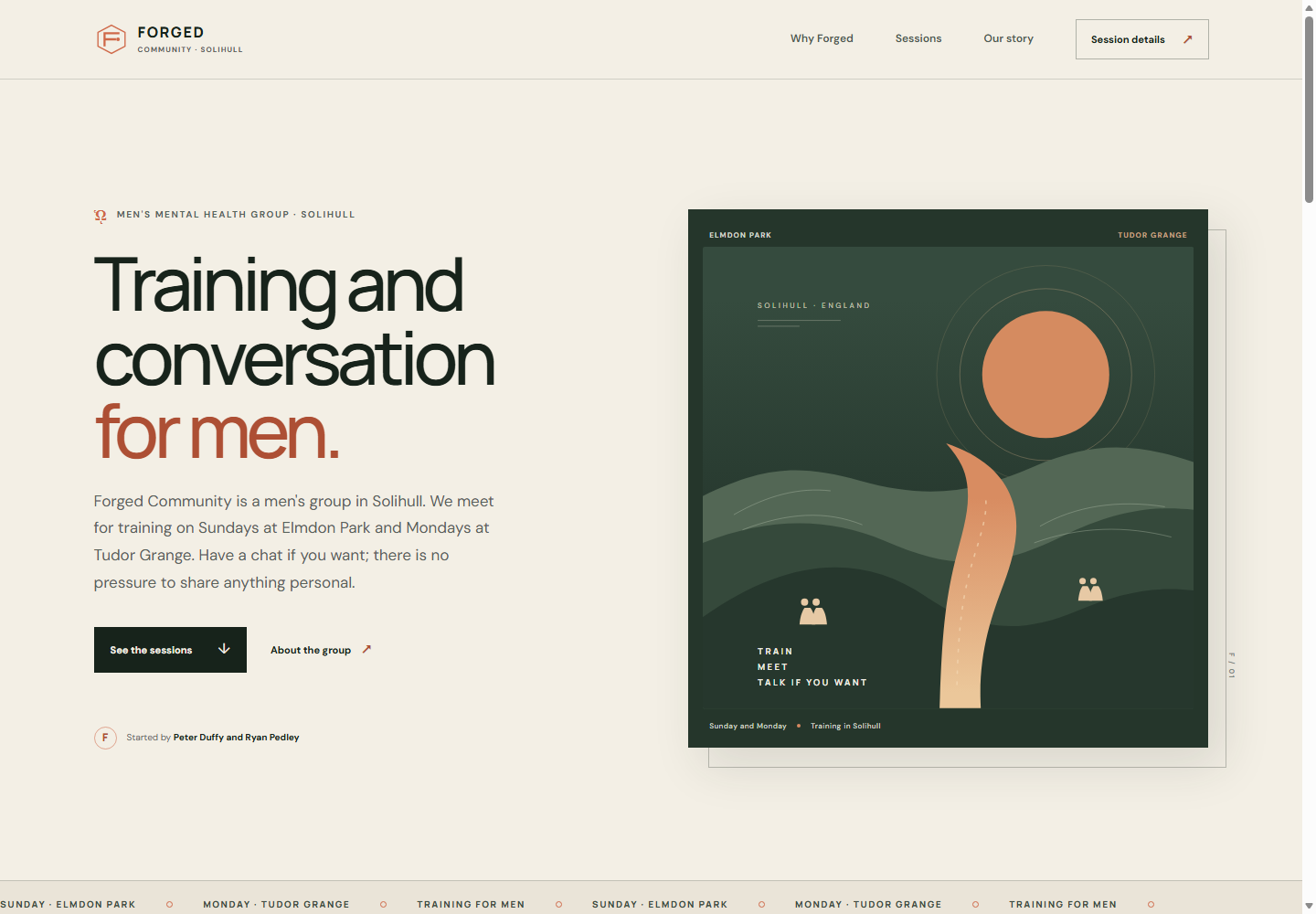 Forged Community website, with bold typography and a warm illustrated landscape